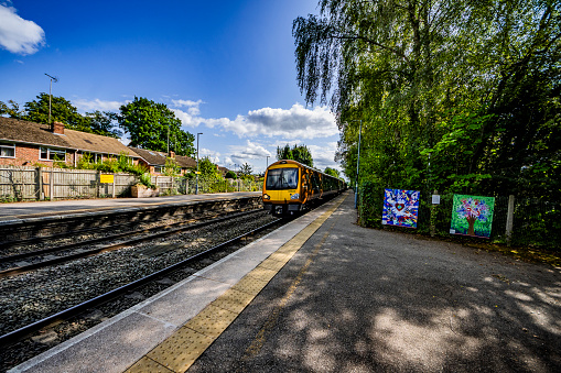 A blurred moving train in a rail yard in full sun.