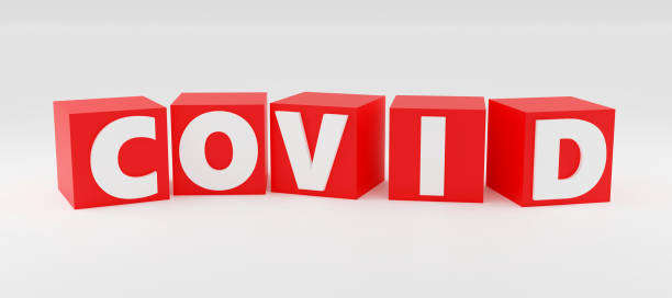 istock Luxury red inscription covid on grey podium, soft light, smooth background, 3d rendering 1911983216