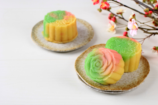 Snow Skin Moon Cake Colourfull Chinese Traditional Cake Made from Sticky Rice Flour  and Stuffed with Various Paste Inside