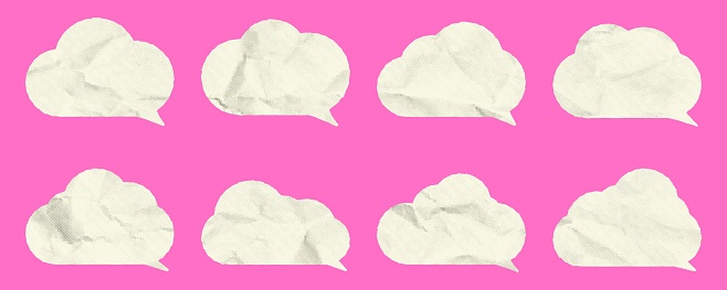 Set of simple clouds with paper texture for retro collages. A collection of elements with a halftone effect for announcements and comments.