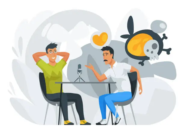 Vector illustration of People recording podcast in radio studio. Male radio host interviewing guest. Mass media broadcasting. Sound recording equipment, microphone. Radio station cartoon characters on cartoon background