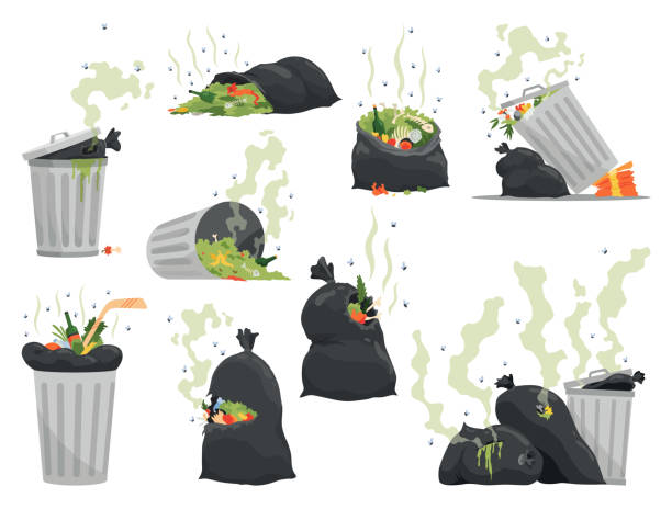 garbage or waste icons. metal and plastic garbage containers with unsorted trash. rubbish bags that smells ugly and started to decompose. ecology and environment concept. isolated on white background - garbage food compost unpleasant smell stock illustrations