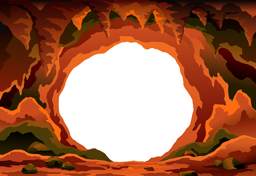 Cave landscape. Stone cave entrance with empty white space inside. Prehistoric dungeon entrance, rock cavern game illustration. Vector image of tunnel in mountain or mine in rocks.