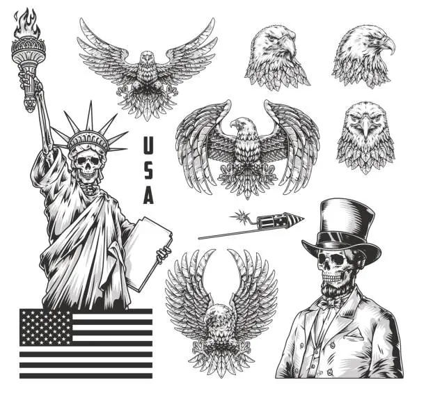 Vector illustration of American symbols monochrome set emblem