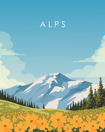 Vector illustration. Alps, poster design, vertical banner. Tourism, travel.