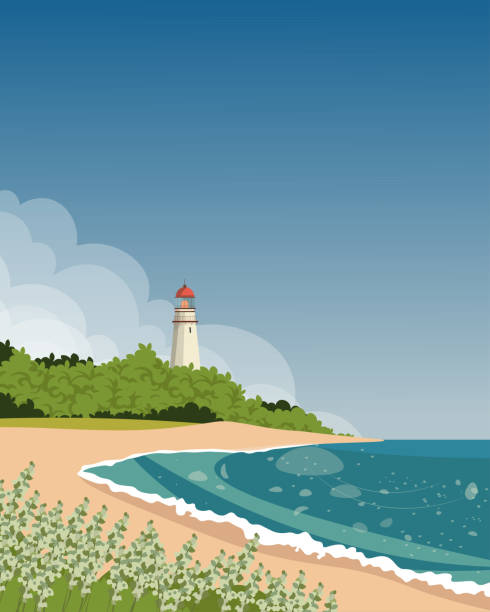 Sea lighthouse, poster design, vertical banner. Vector illustration. Sea lighthouse, beach, poster design, vertical banner. Cartoon style, flat design. ivory coast landscape stock illustrations