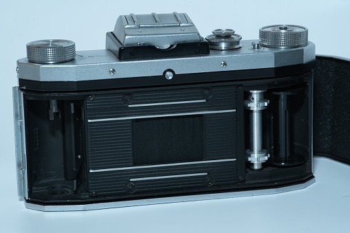 A look inside the film compartment of an analog SLR camera