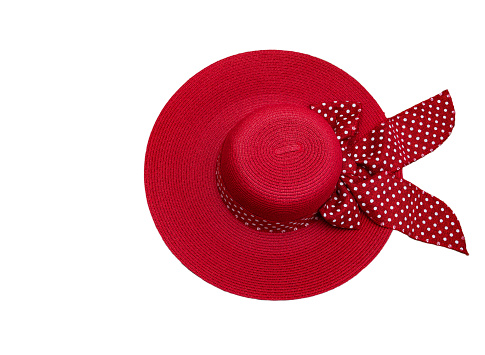 Women's fashionable red beach hat isolated on white background.