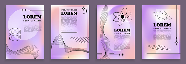 Abstract 2000s aesthetic backgrounds with Lorem Ipsum text, four liquid holographic baclgrops, prints, banners and posters in 00s graphic style.