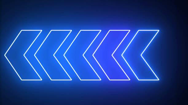 istock Neon arrow icon. Neon arrow abstract Blue with Light Shapes on black background and reflective floor. Left blue arrow for road direction. 1912090113