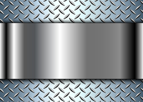 Silver metallic 3d background with banner in the center and diamond plate metal pattern, vector illustration.