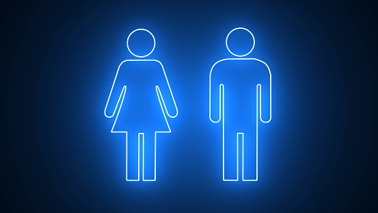 Man, woman simple icon. Toilet sign icon neon light glowing man. Neon glowing blue toilet sign.