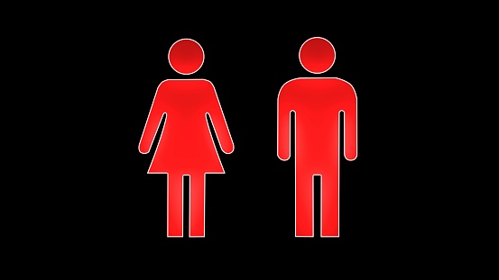 Neon signs of men and women in the black background. Man, woman simple icon. Toilet sign icon neon light glowing man. Neon glowing red toilet sign. Woman and man neon shin picture in empty room.