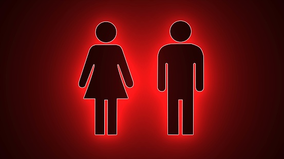 Man, woman simple icon. Toilet sign icon man glowing neon light. Neon bright red and black toilet signs. Toilet sign neon icon. Men's and women's restroom sign icon designed with neon light effect.