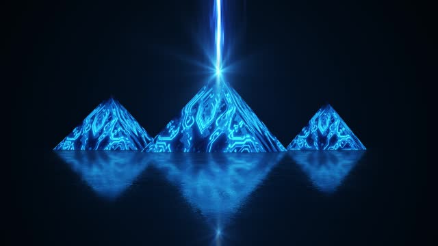 Sci-fi 3D render of abstract pyramids at night shooting light ray from the tip on reflective floor. Alien contact. Fantastic laser beam emanating from the pyramid into the sky. Circuit board texture