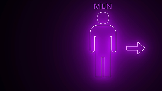 Purple toilet sign icon neon light glowing man. WC toilet sign neon light design. Glowing line outline neon man icon on a black background. Woman with skirt neon icon.
