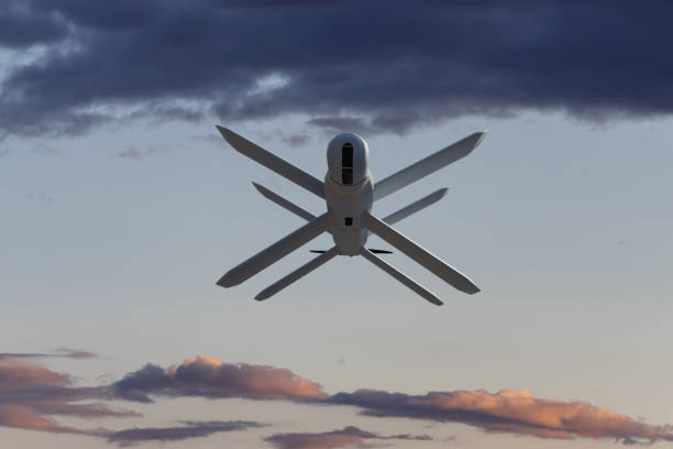istock Bottom view of Russian military combat drone against clouds, 1912105182