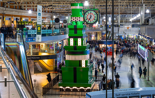 Waterloo train station decorated for Christmas in London, UK