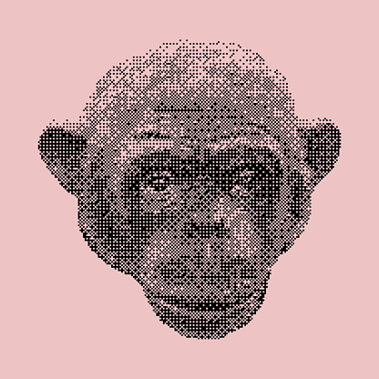 Monkey head. Big head smiling monkey. Versatile enhance digital art, web graphics, vintage-inspired branding. Dithering Bitmap Shape. Print for fashion and design. Vector illustration. Y2K