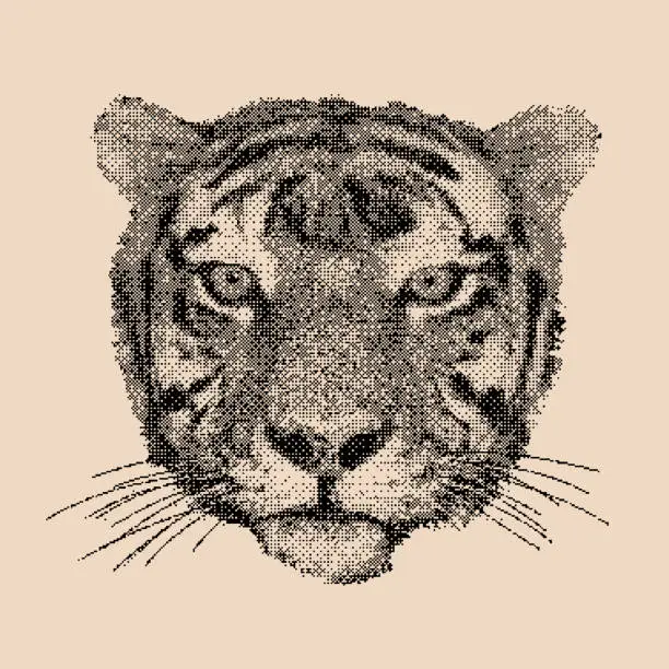 Vector illustration of Tiger head. Large detailed tiger head. Versatile enhance digital art, web graphics, vintage-inspired branding. Dithering Bitmap Shape. Striped predator. Vector illustration. Y2K