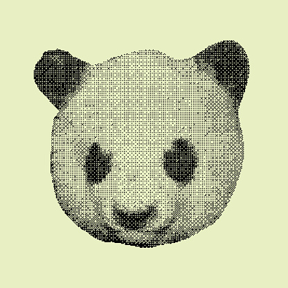 Panda head. Dithering Bitmap Shape. White smiling panda with black spots. Versatile enhance digital art, web graphics, vintage-inspired branding. Chinese panda. Vector illustration. Y2K