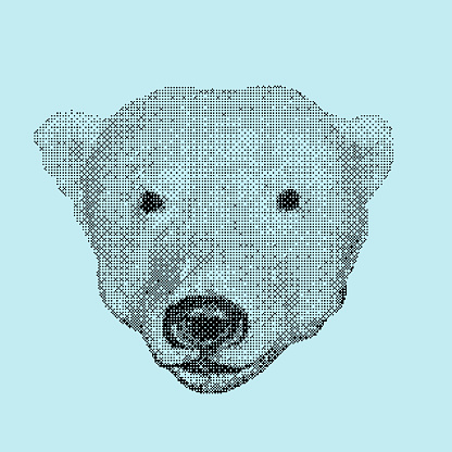 Polar bear head. White kind and smiling Bear. Versatile enhance digital art, web graphics, vintage-inspired branding. Dithering Bitmap Shape. Print for fashion and design. Vector illustration. Y2K.
