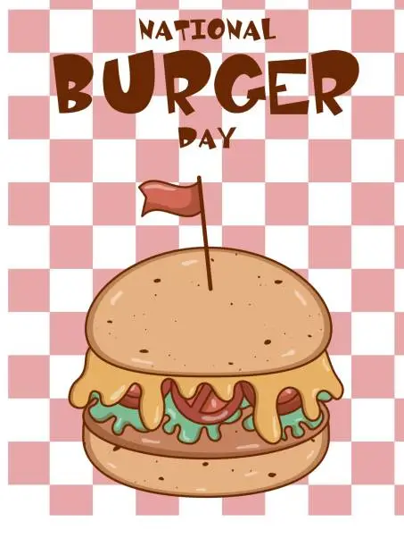 Vector illustration of National Burger Day concept holiday. Retro groovy cartoon Burger poster. Vintage fast food retro colors. Flat style. Funky vector illustration