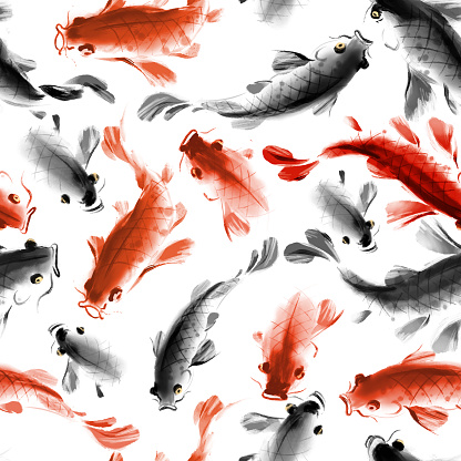 Seamless pattern with japanese koi carps in traditional sumi-e style. Can be used for wallpaper, pattern fills, textile, web page background, surface textures