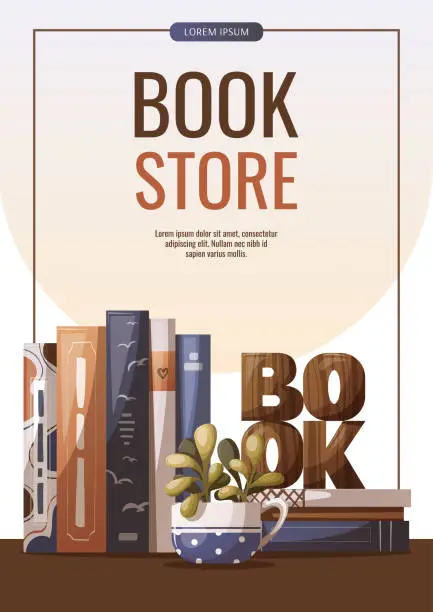 Vector illustration of Flyer with books, potted plant and wooden word 