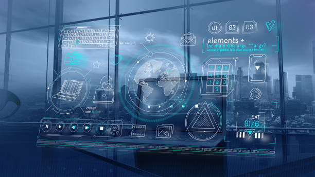 On a blue background with a view of skyscrapers, a virtual screen with infographics of communication on a social network.