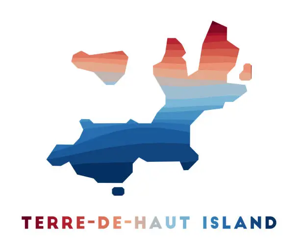 Vector illustration of Terre-de-Haut Island map. Map of the island with beautiful geometric waves in red blue colors. Vivid Terre-de-Haut shape. Vector illustration.