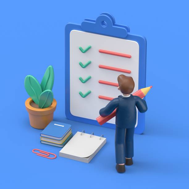 istock People Character Holding Pencil and Putting Check Mark on Checklist in Survey Form. Notebook and Memory Stickers. Business Organization and Planning Concept.3D illustration of bearded american businessman Bob. 1912187179