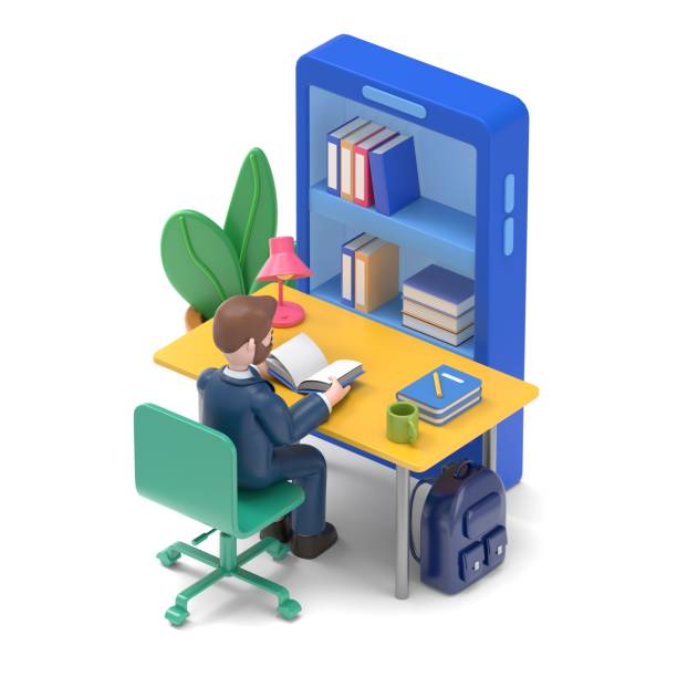 istock Student studying at home. Can use for web banner, infographics, hero images.3D illustration of bearded american businessman Bob.3D rendering on white background. 1912187692