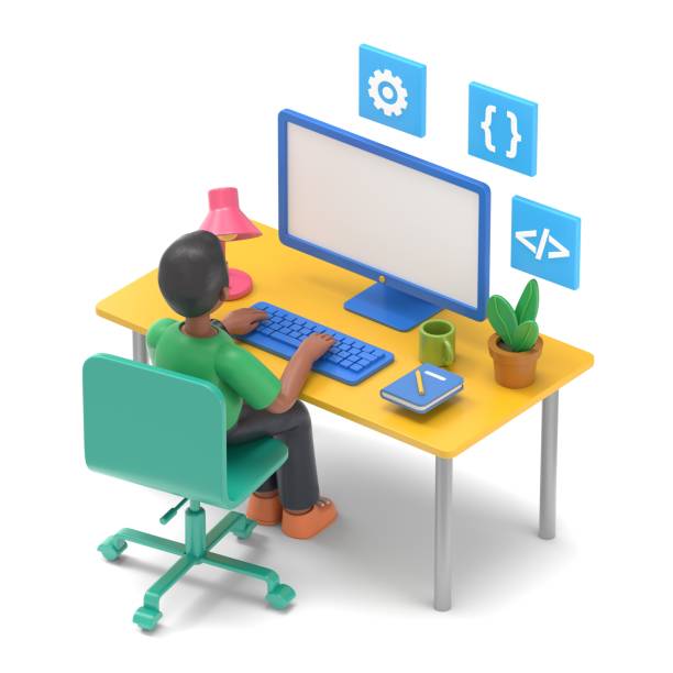 istock Programmer at work concept banner. Can use for web banner, infographics, hero images.3D illustration of handsome afro man David.3D rendering on white background. 1912188036
