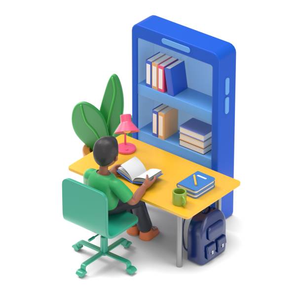 istock Student studying at home. Can use for web banner, infographics, hero images.3D illustration of handsome afro man David.3D rendering on white background. 1912188232