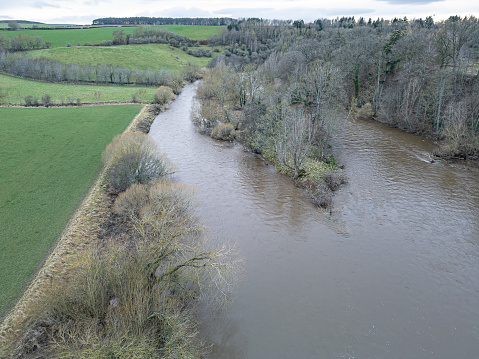 River Teviot in flood following Storm Garrit, Scottish Borders, Scotland from a drone