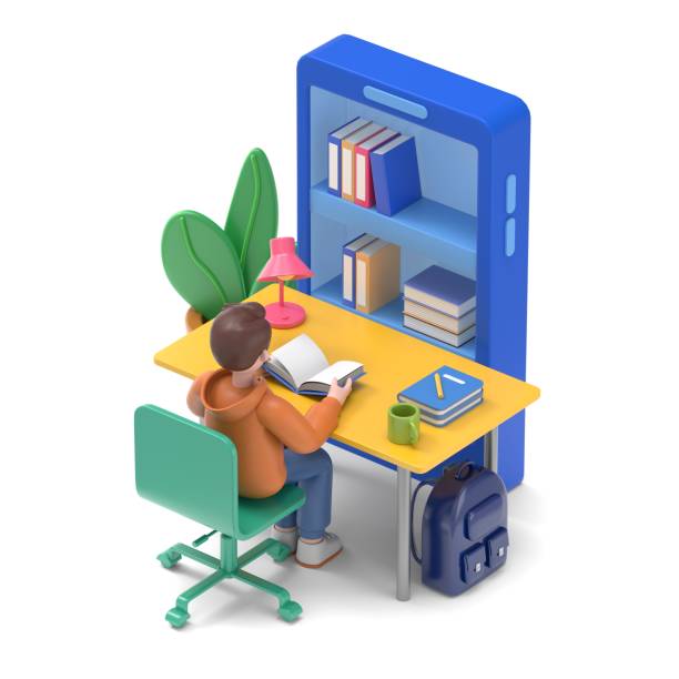 istock Student studying at home. Can use for web banner, infographics, hero images.3D illustration of Asian man Felix.3D rendering on white background. 1912189350