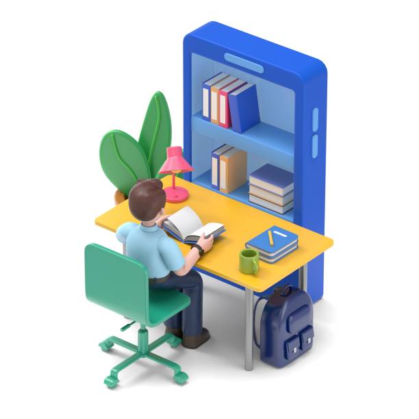 istock Student studying at home. Can use for web banner, infographics, hero images.3D illustration of Asian man Felix.3D rendering on white background. 1912189870