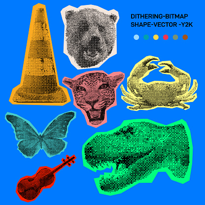 Set of Traffic cone, bear, leopard, crab, butterfly, violin, dinosaur. Digital art, web graphics, vintage-inspired branding. Dithering Bitmap Shape. Print for fashion, design. Vector illustration. Y2K