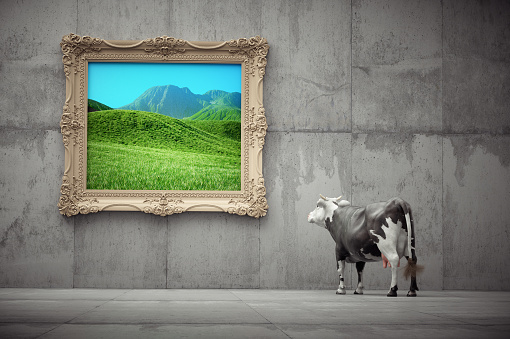 Cow on a concrete background looking at a painting. Dreaming and aspirations concept. This is a 3D rendering illustration