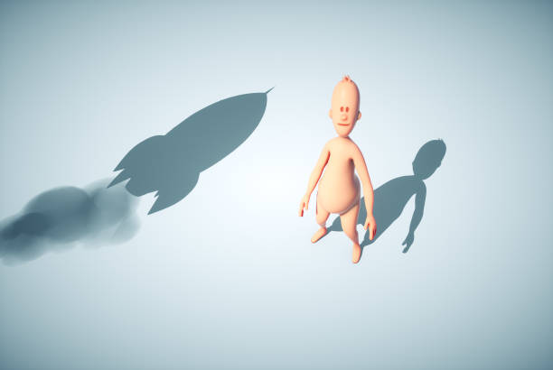 Human character looking up to a plane. Start up and growth concept. This is a 3d render illustration.