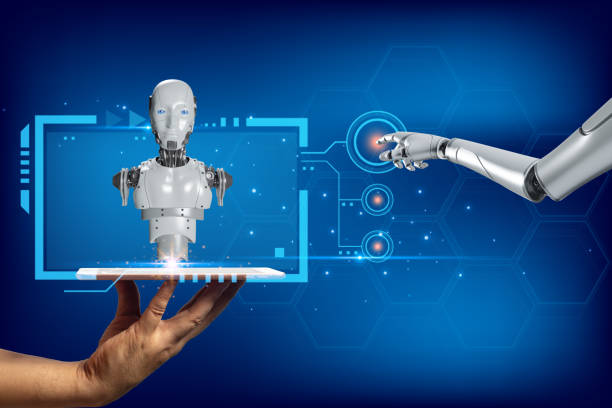 istock Future humans and robots, AI, metaverse communication technology, finger, tablet screen 1912205153