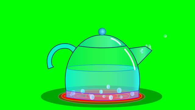 Boiling glass teapot green screen animation. Water boil, Modern electric stove coil, bubbling evaporating tea pot. Coffee, tea, food. Loop animation.