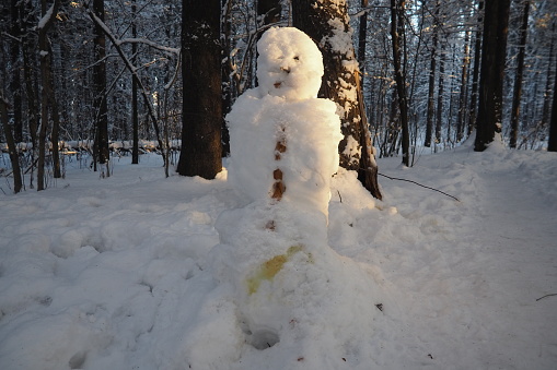 Snowman, snow woman, stylized snow figure of a person, sculpture. Making a snowman is a winter pastime that originated in ancient times. Classic snowman consists of three snowballs. Winter vacation