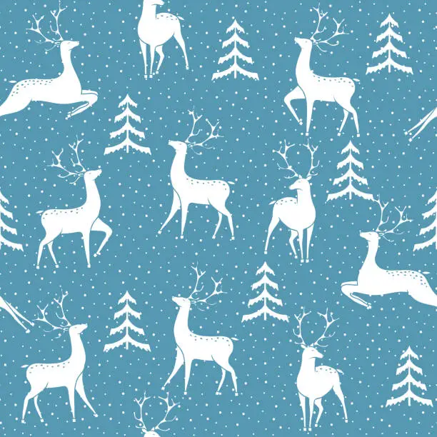 Vector illustration of Seamless Christmas patterns with reindeers, trees and snowflakes. Vector illustration.