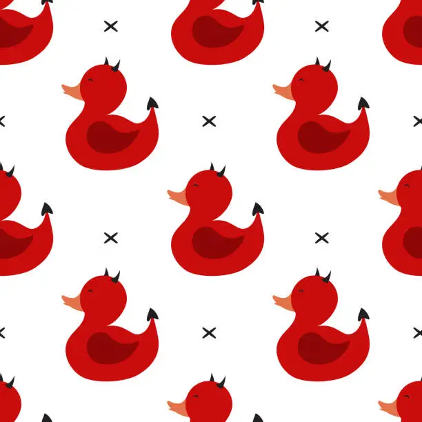 Vector illustration of Cartoon devil rubber ducks. Funny seamless pattern