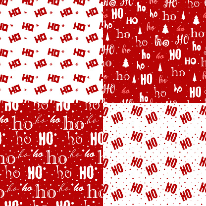 Set xmas seamless pattern with text ho ho ho with red background. Hand lettering greeting Christmas Santa laugh