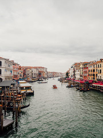An aerial view of the canals of Venice, Italy, taken from a bridge spanning the water