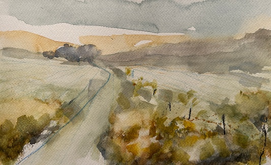 Original watercolour of a rural scene in Ireland with road and wide open space.