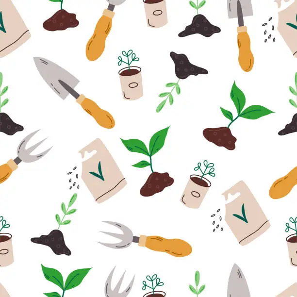 Vector illustration of Seamless pattern on the theme of gardening. Background. Texture. Rest and gardening. Garden tools and equipment. Harvest. For printing wrapping paper, wallpaper, packaging, fabric.